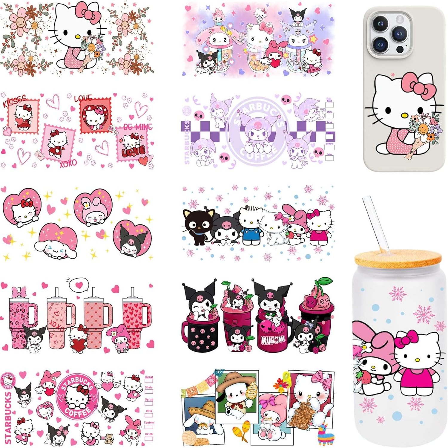 Kawaii Kitty cute Kulumi UV DTF Cup Wrap Transfer Stickers for 16oz Libbey Glass Cups Rub on Transfers for Crafting Cup Decals