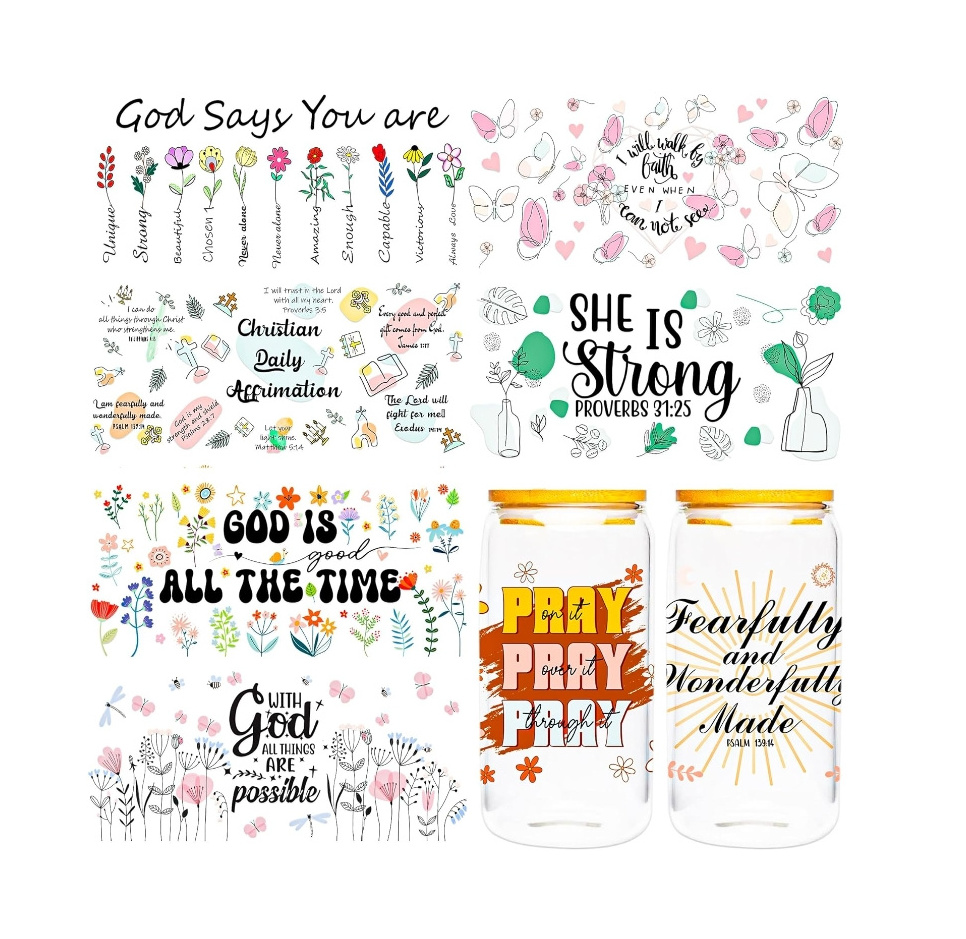 UV DTF Cup Wrap 16OZ Bible Flower Theme UV Transfers for Cup Bible Verse Inspirational Quotes Butterfly Rub On Transfer Stickers