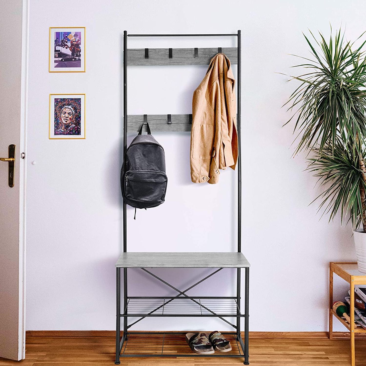 Gray Hallway Industrial Coat rack Wooden Coat Racks With Shoes Bench