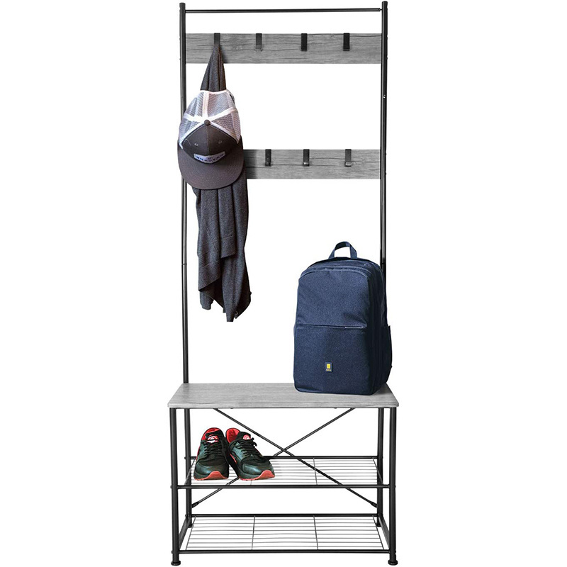 Gray Hallway Industrial Coat rack Wooden Coat Racks With Shoes Bench