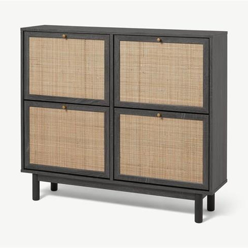 Rattan Free Standing Shoe Rack with 4 Flip Drawers 2-Tier Modern Storage Cabinet with Large Space for Entrance Hallway