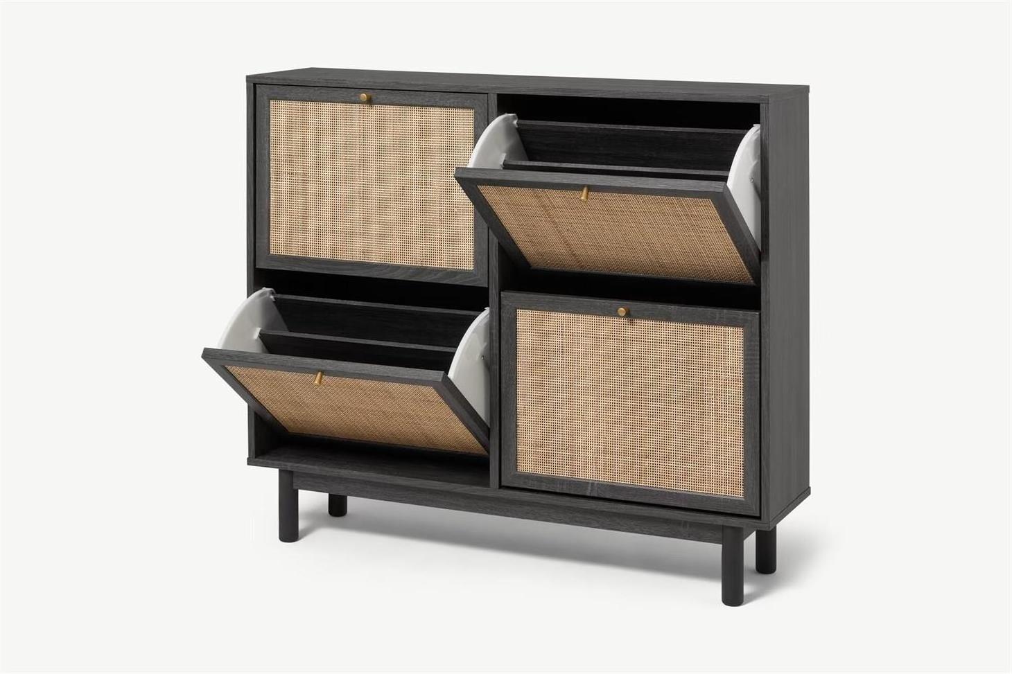 Rattan Free Standing Shoe Rack with 4 Flip Drawers 2-Tier Modern Storage Cabinet with Large Space for Entrance Hallway