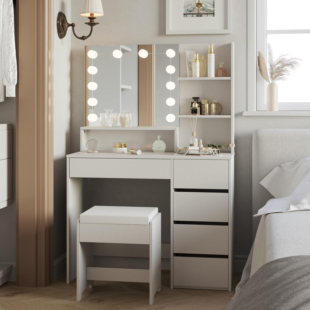 Dressing table PHOENIX HOME European White Furniture Wooden Makeup vanity Table with LED four drawers For Bedroom