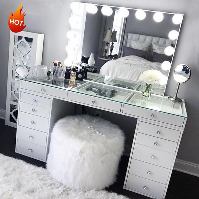 Coiffeuse Wood Vanity Table White Makeup Table Glass Top Dressing Table