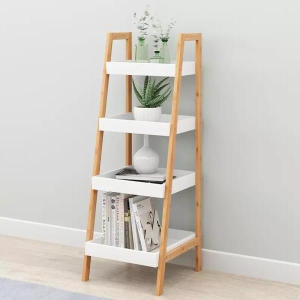 Modern Small Corner Ladder Shelf Living Room Kitchen Bathroom 4 Tier Bamboo Ladder Shelf