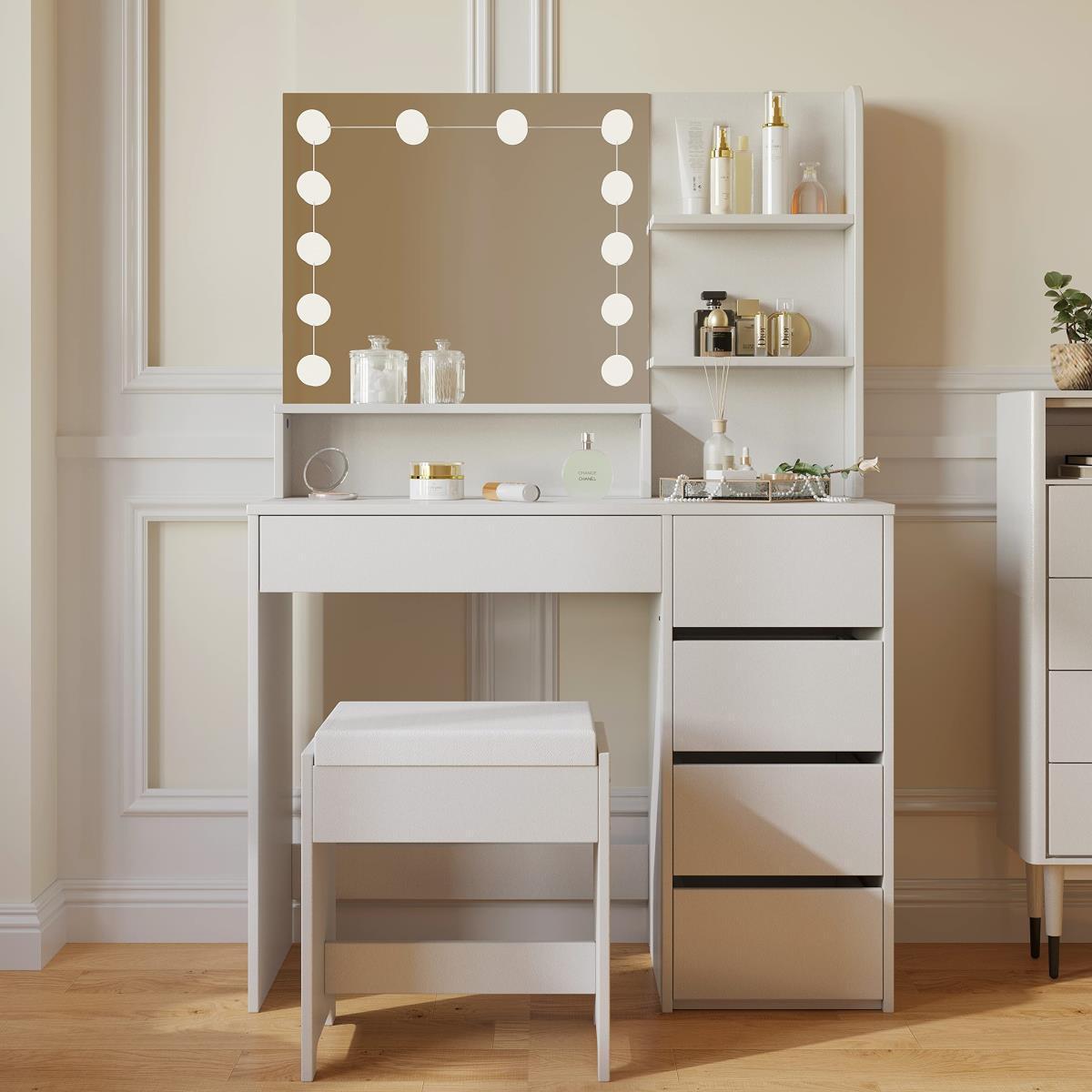 Dressing table PHOENIX HOME European White Furniture Wooden Makeup vanity Table with LED four drawers For Bedroom