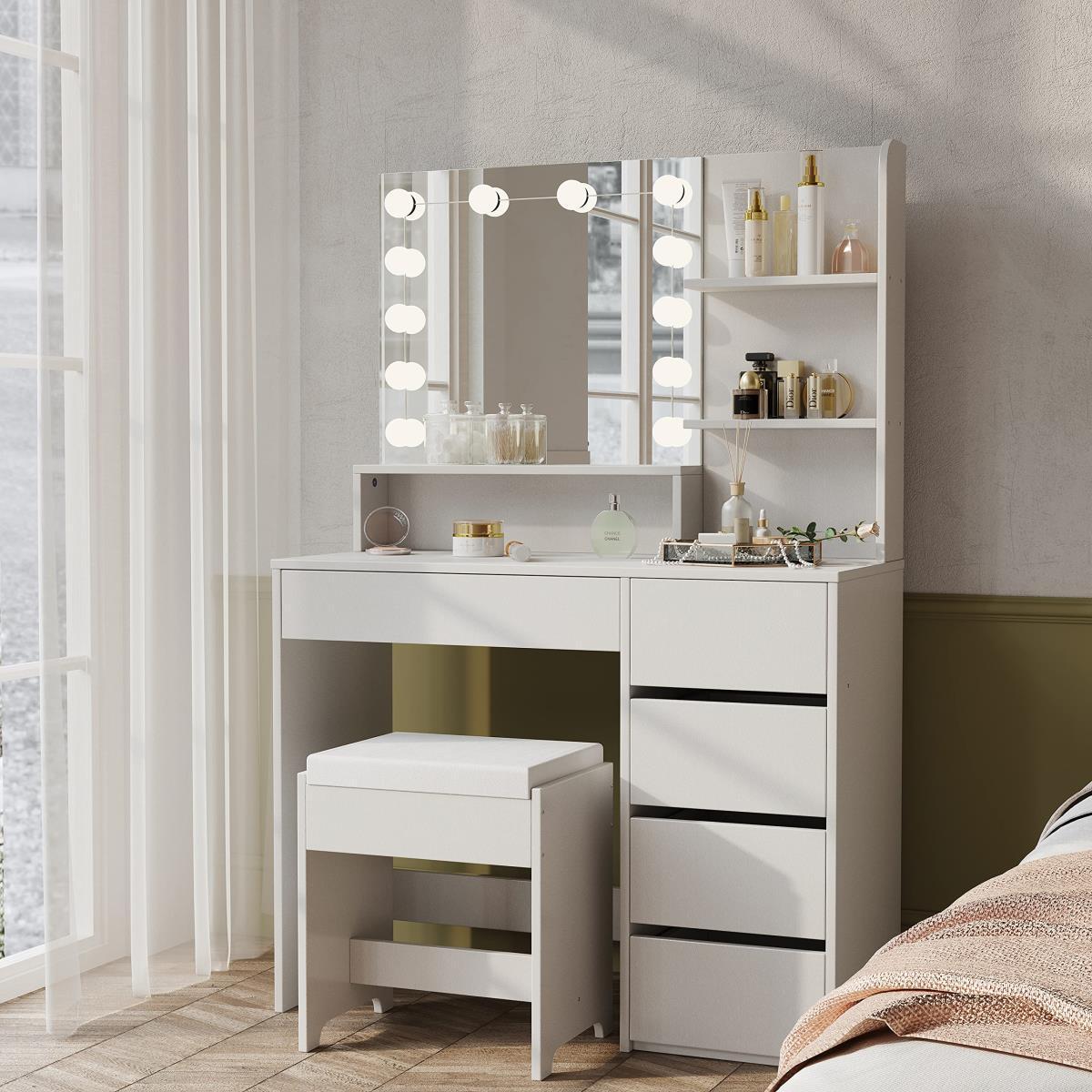 Dressing table PHOENIX HOME European White Furniture Wooden Makeup vanity Table with LED four drawers For Bedroom