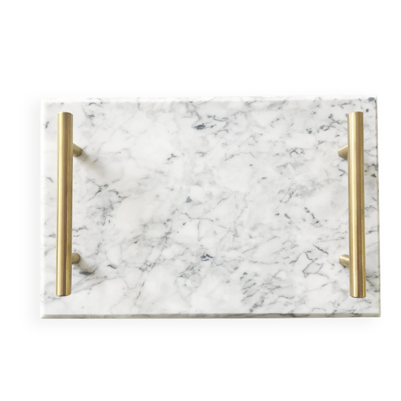 100% handmade rectangle simple modern marble serving tray with metal handle for home decor and hotel