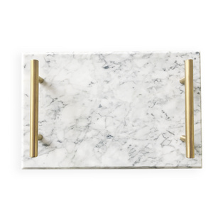 100% handmade rectangle simple modern marble serving tray with metal handle for home decor and hotel