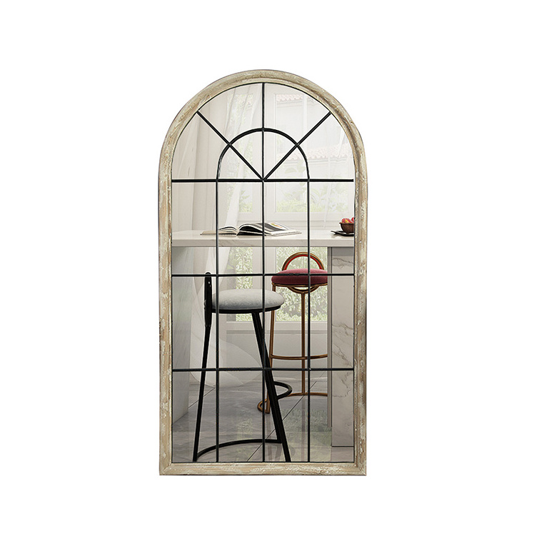 Wholesale high quality Arched window mirror  metal and wood wall mounted wood frame mirror decorative for living room  hot sales