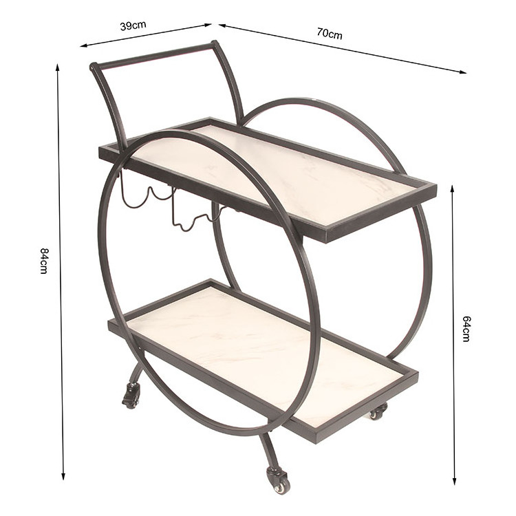 Industrial Storage Black Food Grocery 2-Tier Wine Cart Kitchen Trolley  Bar Cart with Wheels Mobile