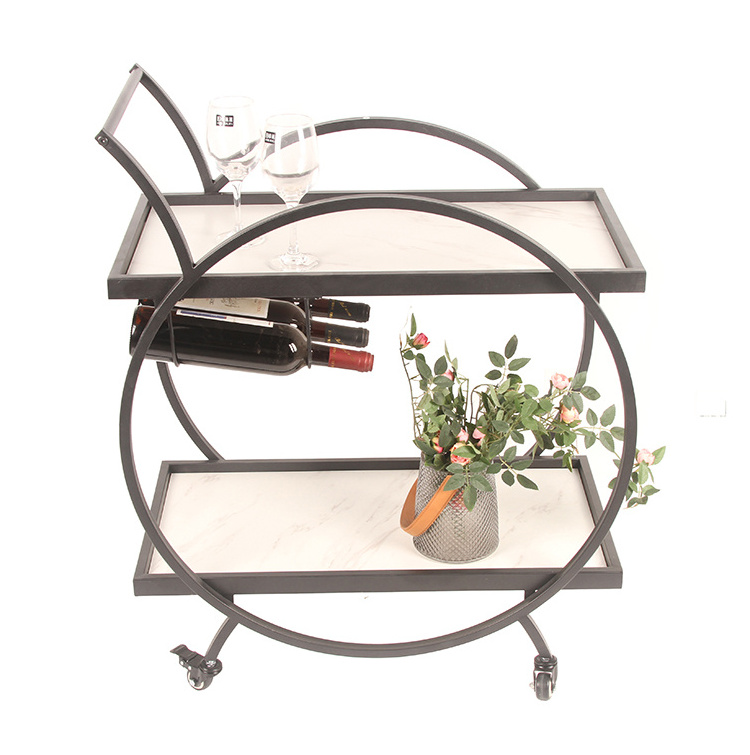 Industrial Storage Black Food Grocery 2-Tier Wine Cart Kitchen Trolley  Bar Cart with Wheels Mobile