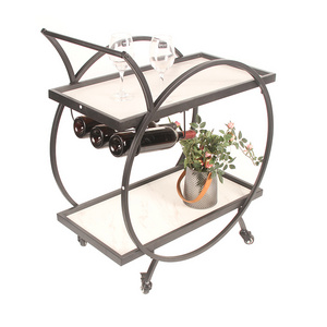 Industrial Storage Black Food Grocery 2-Tier Wine Cart Kitchen Trolley  Bar Cart with Wheels Mobile