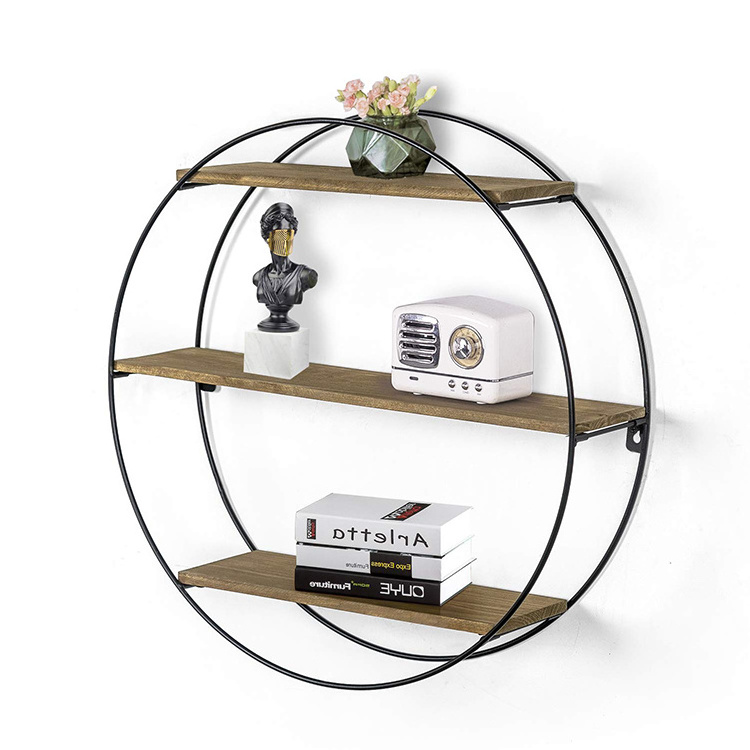 Office Nursery Metal Frame Wall Floating Wood Round Cube Display Shelf For Bedroom