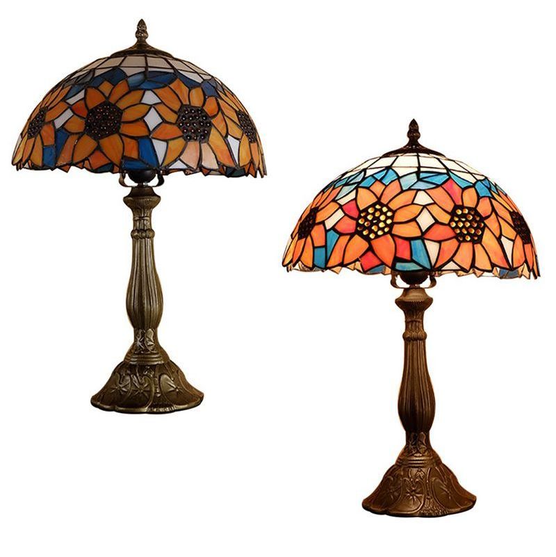 American Stained Glass Lampshade Antique Gold Metal Base Tiffany Lamps For Living Bedside Bedroom Cafe Decoration