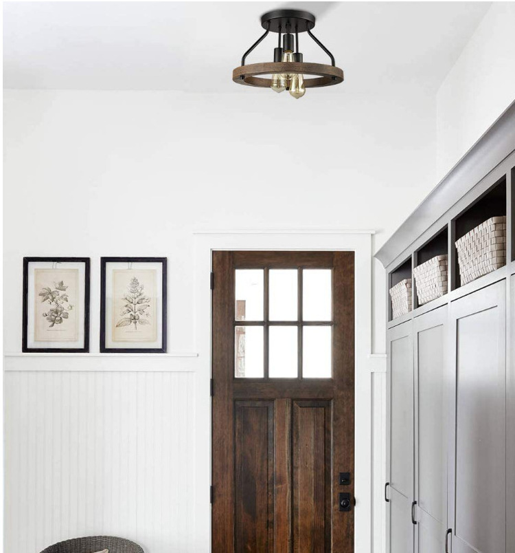 Modern Wood Style Rustic Farmhouse 3-Light Flush Mount Round Restaurant Ceiling Light