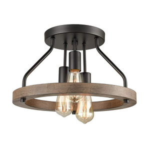 Modern Wood Style Rustic Farmhouse 3-Light Flush Mount Round Restaurant Ceiling Light