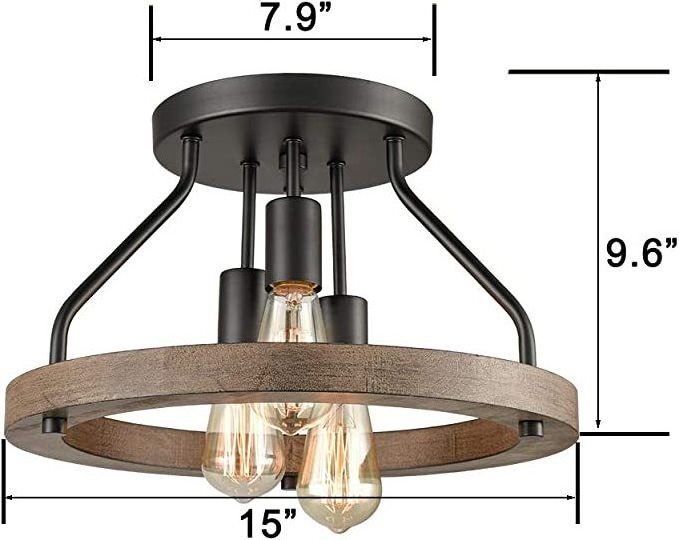 Modern Wood Style Rustic Farmhouse 3-Light Flush Mount Round Restaurant Ceiling Light