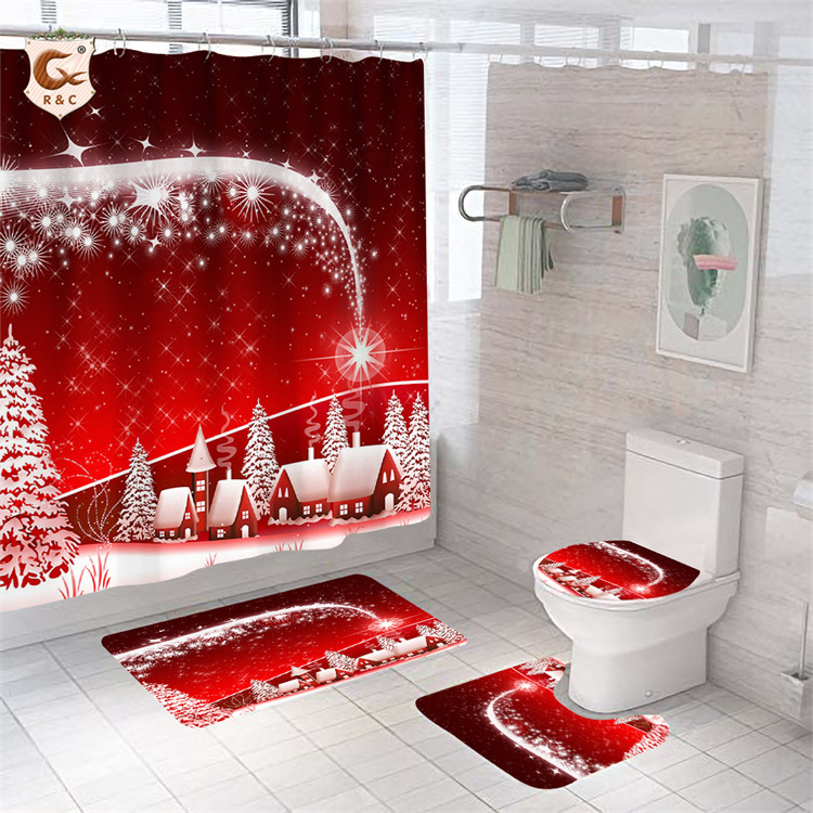 American Style Merry Christmas 4Pcs Shower Curtains Set High Quality Bathroom Shower Curtain Sets