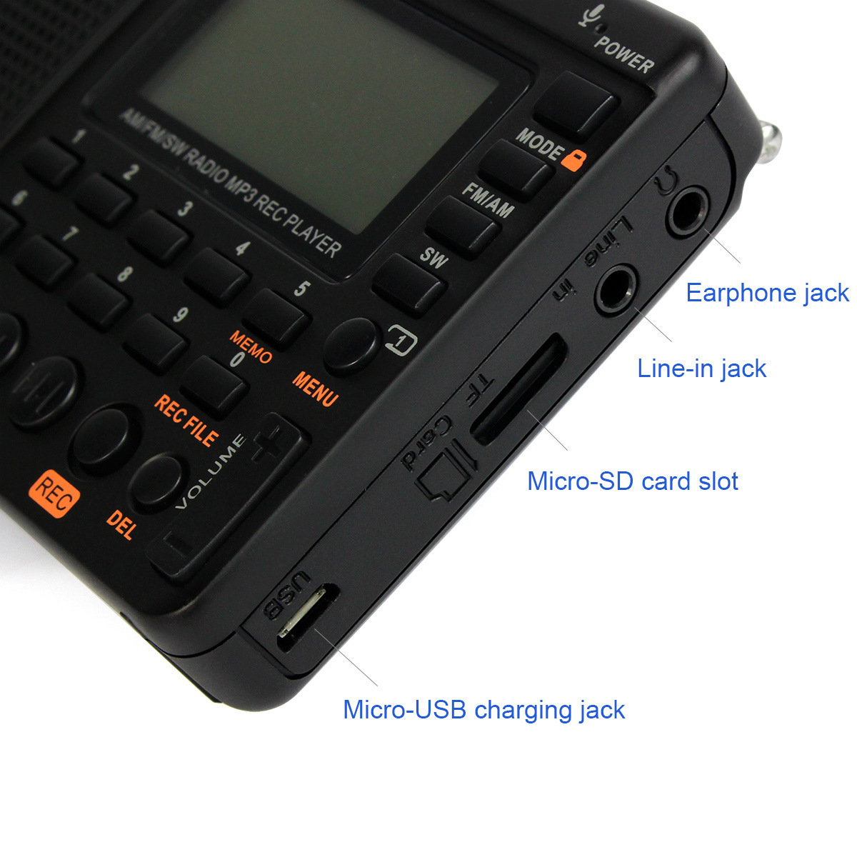 radio all band radio FM AM Sw MP3 recorder Rechargeable Digital 3.5 mm AUX input LCD backlight