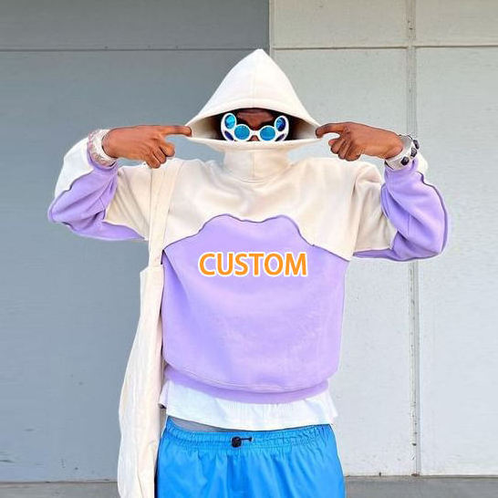 Custom color block men oversized heavyweight hoodie cut and sew pullover drop shoulder cotton patchwork hoodies unisex