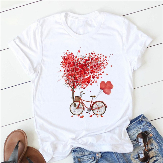 Women Polyester Rose Heart T Shirt Short Sleeve White Flower Butterfly Heart Print T Shirts