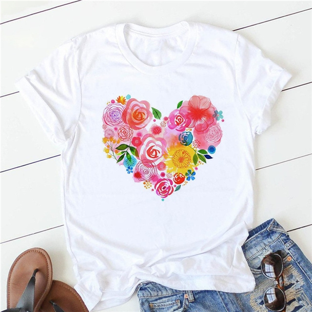 Women Polyester Rose Heart T Shirt Short Sleeve White Flower Butterfly Heart Print T Shirts