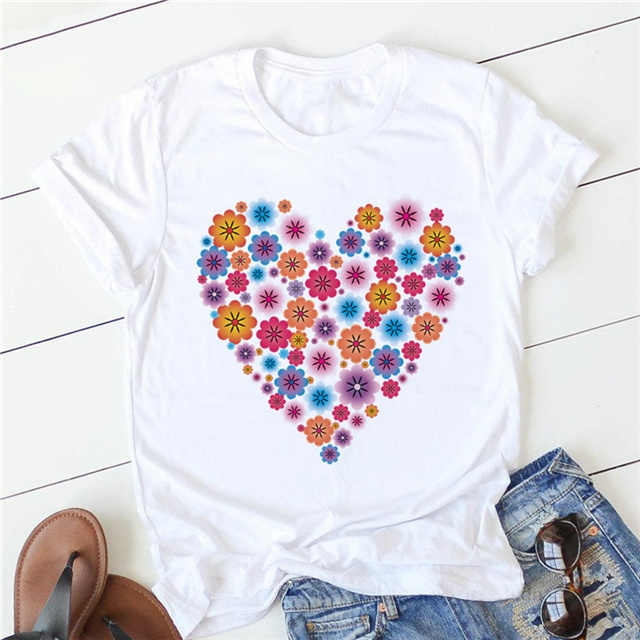 Women Polyester Rose Heart T Shirt Short Sleeve White Flower Butterfly Heart Print T Shirts