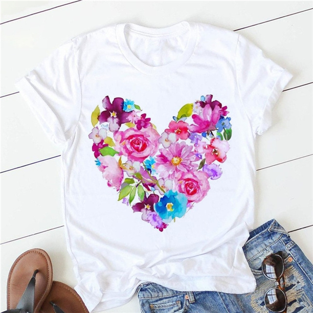 Women Polyester Rose Heart T Shirt Short Sleeve White Flower Butterfly Heart Print T Shirts