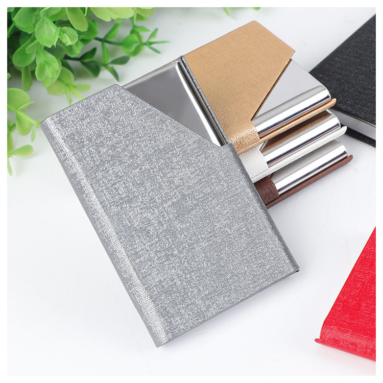 Custom Logo Pu Leather Card Case Stainless Steel Business Card Holder Slim Aluminum Metal Leather Name Card Holder