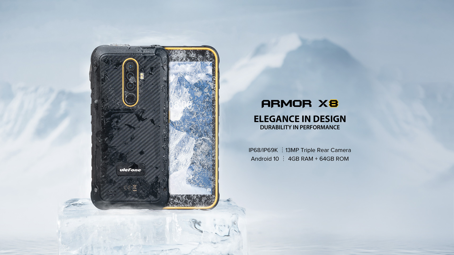 Ulefone Armor X8 IP69K Waterproof MediaTek Helio A25 with GPS Ulephone Android 10 Smartphone NFC Rugged Cell Mobile Phone