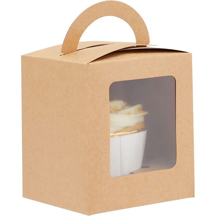 Custom portable brown kraft one hole cupcake packing box with window bakery packaging cake boxes