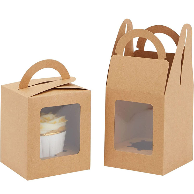 Custom portable brown kraft one hole cupcake packing box with window bakery packaging cake boxes