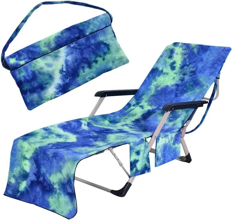 Pool Lounge Chaise Towel Sun Lounger Cover with Side Storage Pockets Tie Dye Superfine Fiber Beach Chair Cover