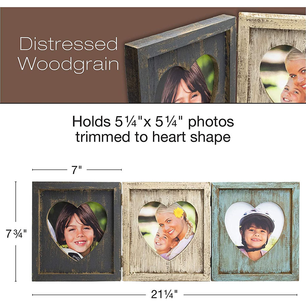 Vintage Heart Shaped Photo Frame Distressed Wood Folding Hinge Picture Frame