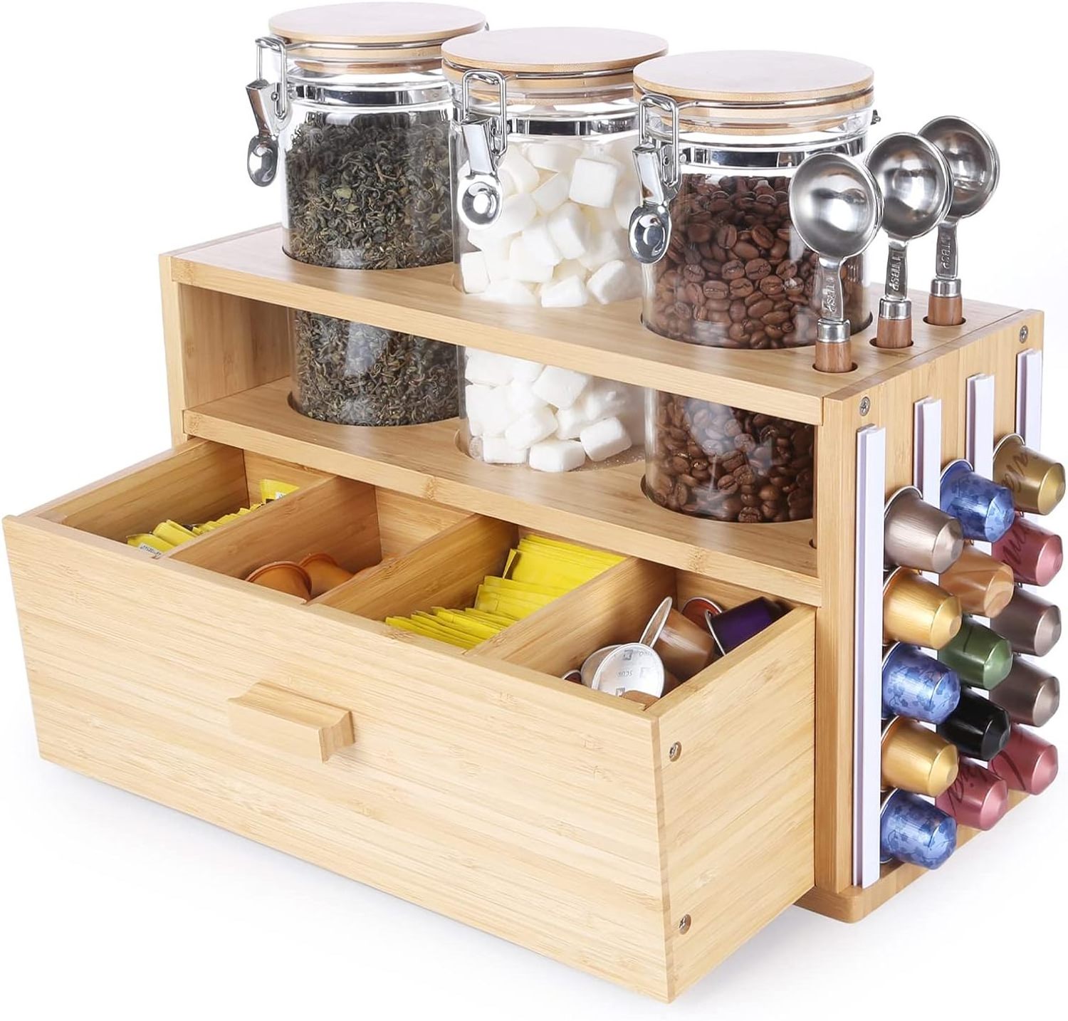 OKSQW Bamboo Wooden Coffee Capsule Drawer Coffee Pod Holder Coffee Station Organizer  for Countertop