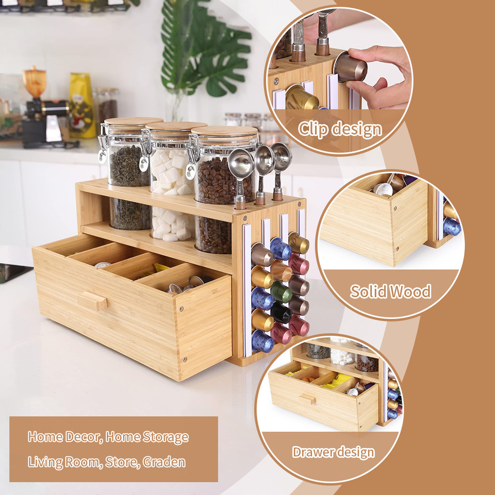 OKSQW Bamboo Wooden Coffee Capsule Drawer Coffee Pod Holder Coffee Station Organizer  for Countertop