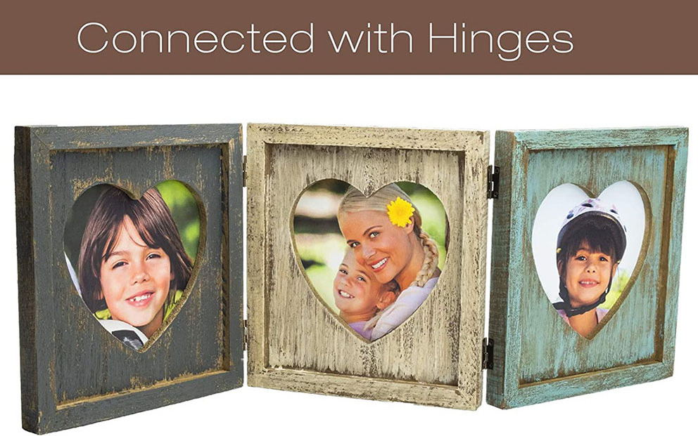 Vintage Heart Shaped Photo Frame Distressed Wood Folding Hinge Picture Frame