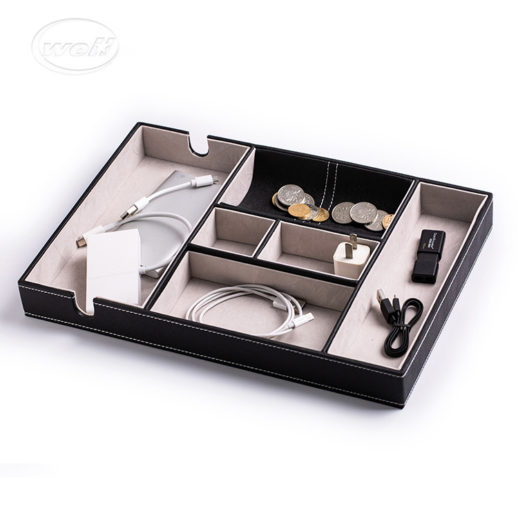 Wholesale custom valet tray nightstand organizer bedside key coin PU leather desk valet tray for men