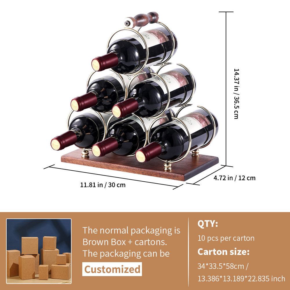 Contemporary Tabletop Wine Rack Bottle  Holder Brass Metal Wire Wood 6 Bottles Wine Organizer For Home Decoration