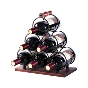 Contemporary Tabletop Wine Rack Bottle  Holder Brass Metal Wire Wood 6 Bottles Wine Organizer For Home Decoration