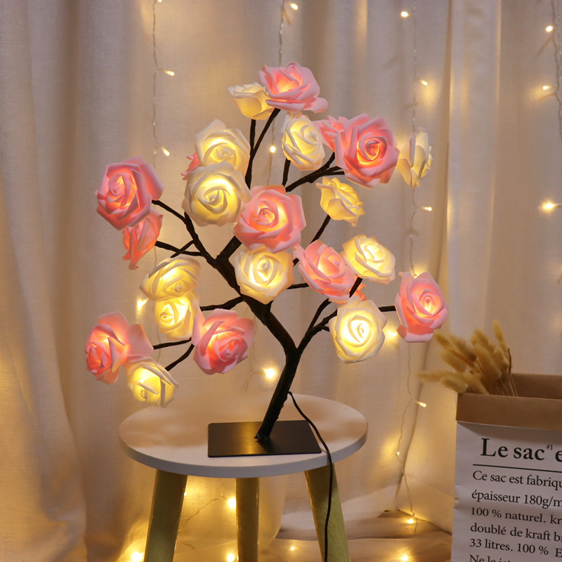 Wholesale LED Rose Table Lamp 24led Romantic Flower Night Light Wedding Bedroom Indoor Decoration Rose Flower Bonsai Tree Light