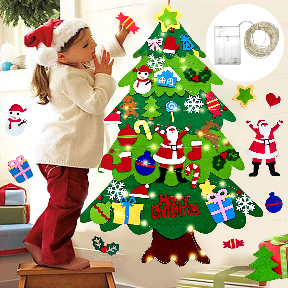 DIY Felt Christmas Tree 32 Pcs Xmas Light String Snowman Wall Hanging Gift for Kids New Year Party Favors