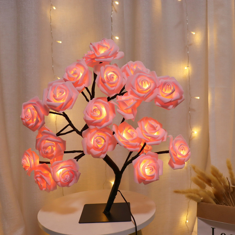 Wholesale LED Rose Table Lamp 24led Romantic Flower Night Light Wedding Bedroom Indoor Decoration Rose Flower Bonsai Tree Light