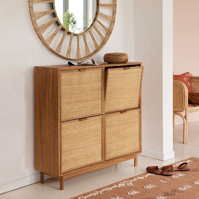 Low MOQ Wood Row Shoe Storage Cabinet with Nature Rattan Shoe Rack Cabinet Decorative Shoe Cabinet