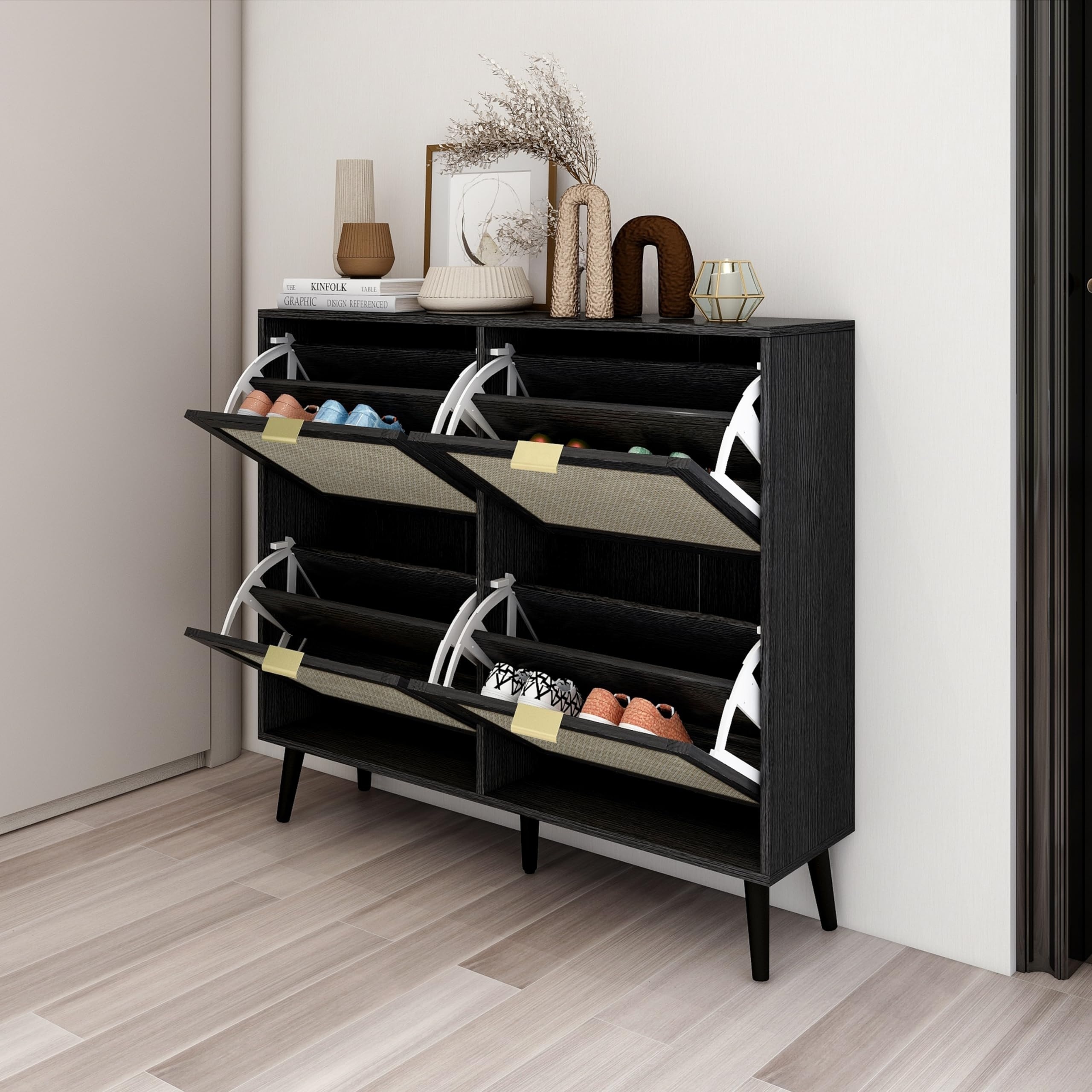 Modern Wooden Shoe Rack Cabinet with Door Rattan Designed for Workshops and Villas