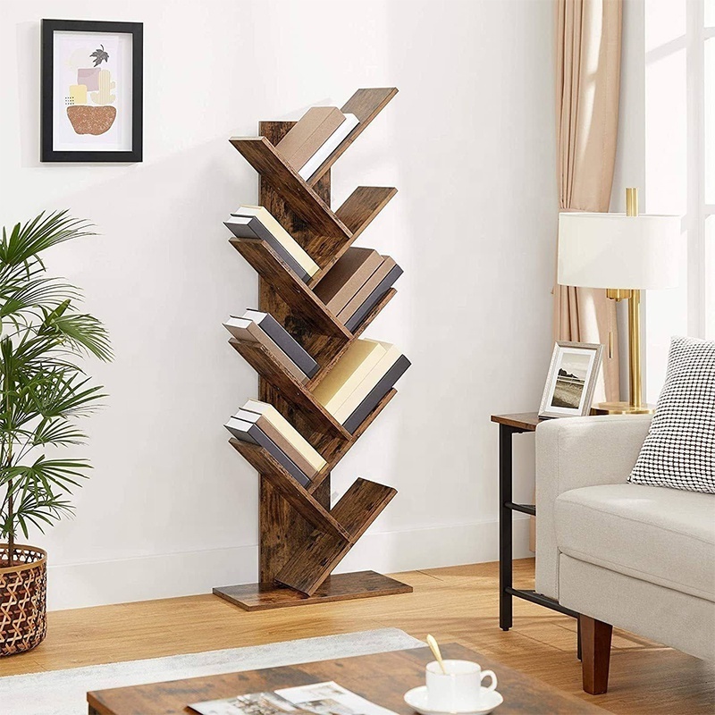 Modern Scandinavian Wooden Bookshelf Tree-Shaped Corner Shelf Solid Wood for Villa or Mall Minimalist Design Style