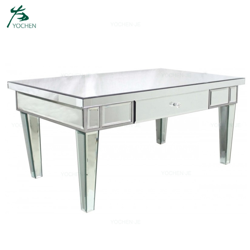 Modern Glass Mirrored Coffee Table with Diamond Crush Design Solid Wood Living Room Center Table for Home Dining Bedroom Use