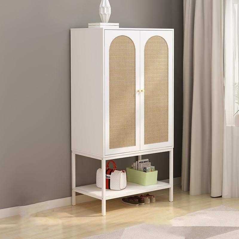 Modern Two Compartment Wooden Shoe Rack with Rattan Storage Cabinet for Entryway or Living Room Home Furniture