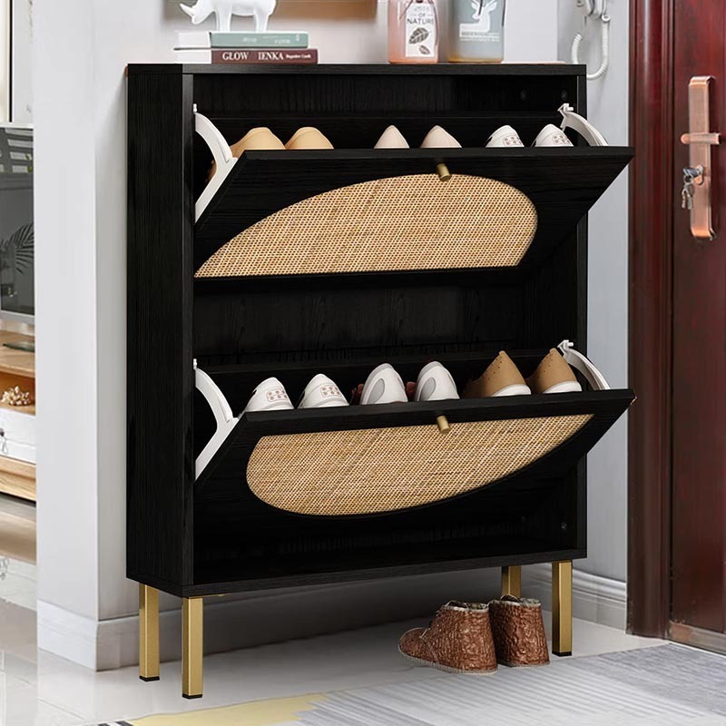 Modern Two Compartment Wooden Shoe Rack with Rattan Storage Cabinet for Entryway or Living Room Home Furniture